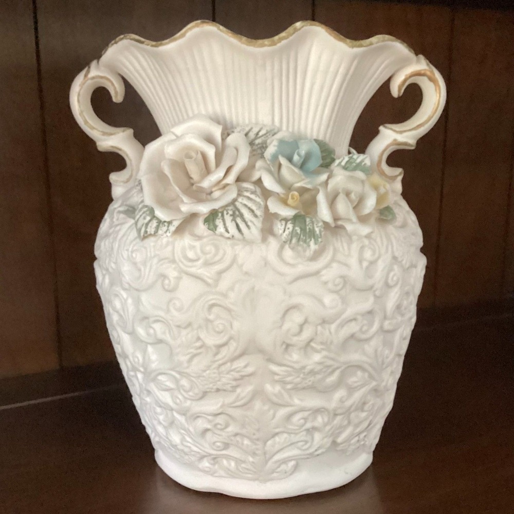 Vintage White Ceramic Rose Embossed Decorative Vase with Handles